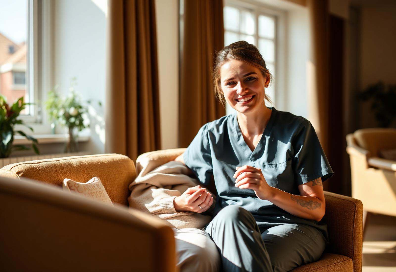 Warm clinical moment, carer and older patient, natural light